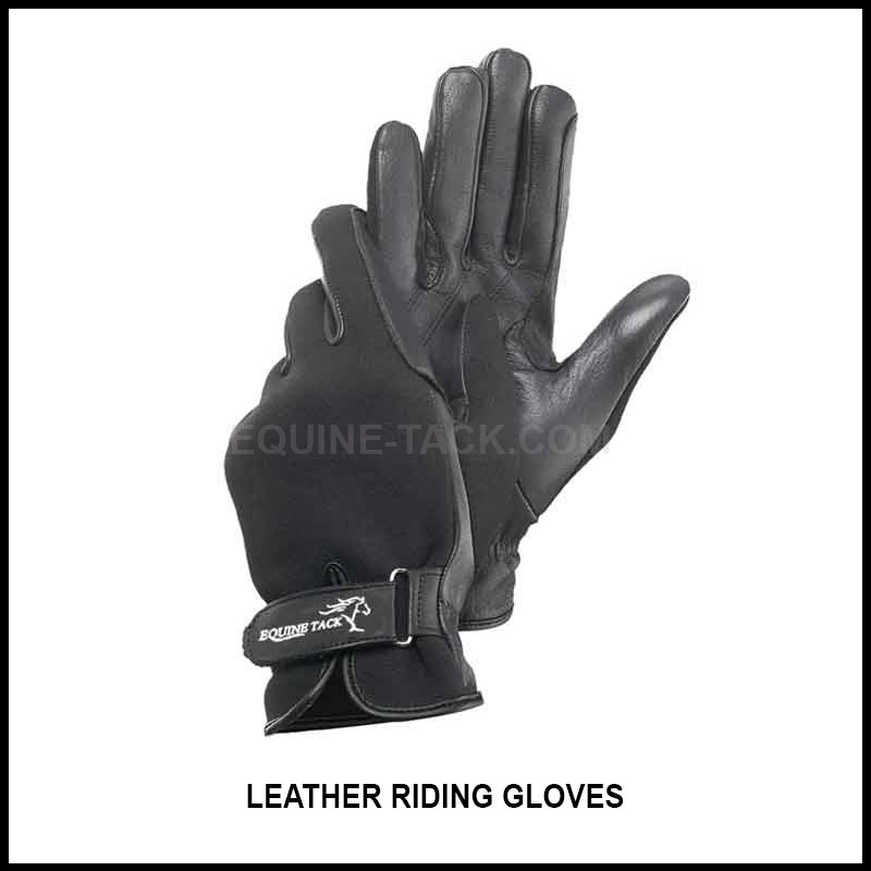 equestrian riding gloves leather palm spandex back velcro closer on wrist.